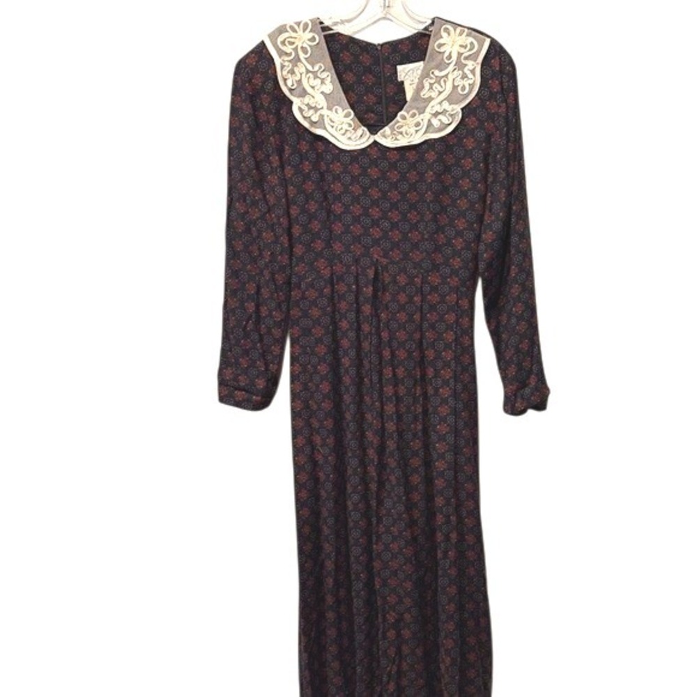 EXPO‎ 80s Vintage Women's Navy Floral Print Lace Collar Grandma Dress Size 14